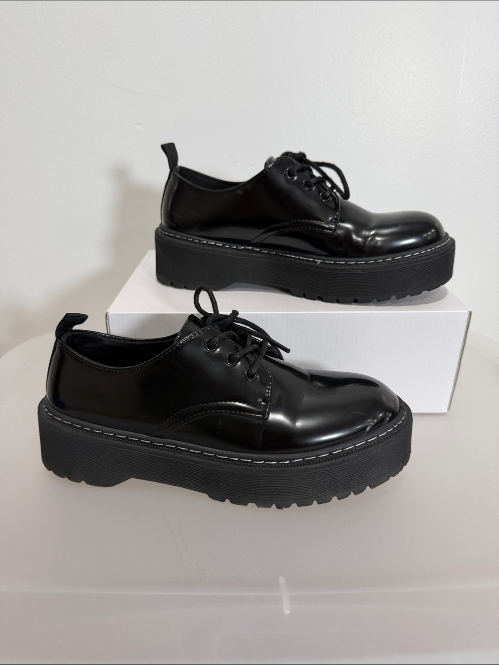 Jellypop Glossy Black Platform Lace-Up Boots